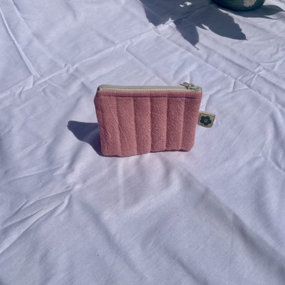 Flat handmade pouch made from upcycled and secondhand fabrics